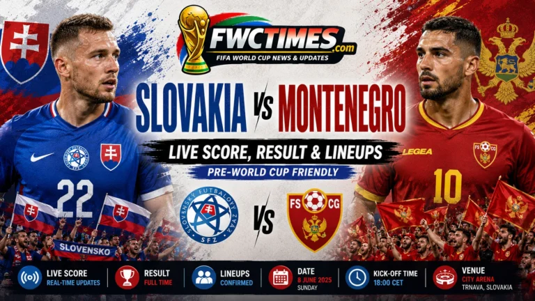 Slovakia vs Montenegro Live Score, Result & Lineups Pre-World Cup Friendly graphic with both teams, live updates, result, and starting XIs.