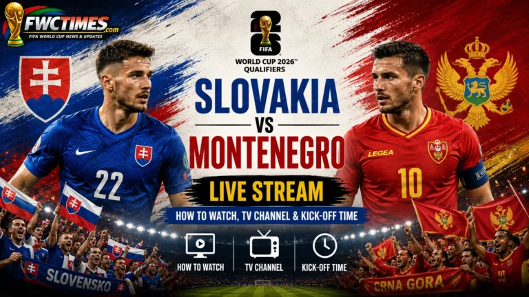 Slovakia vs Montenegro Live Stream, How to Watch, TV Channel & Kick-off Time graphic featuring both teams, streaming details, TV coverage, and match schedule.