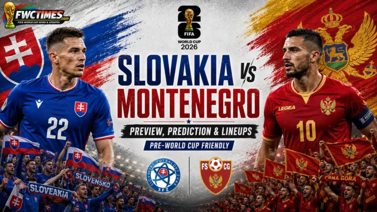 Slovakia vs Montenegro Preview, Prediction & Lineups Pre-World Cup Friendly graphic featuring both teams, predicted XIs, key players, and match insights.