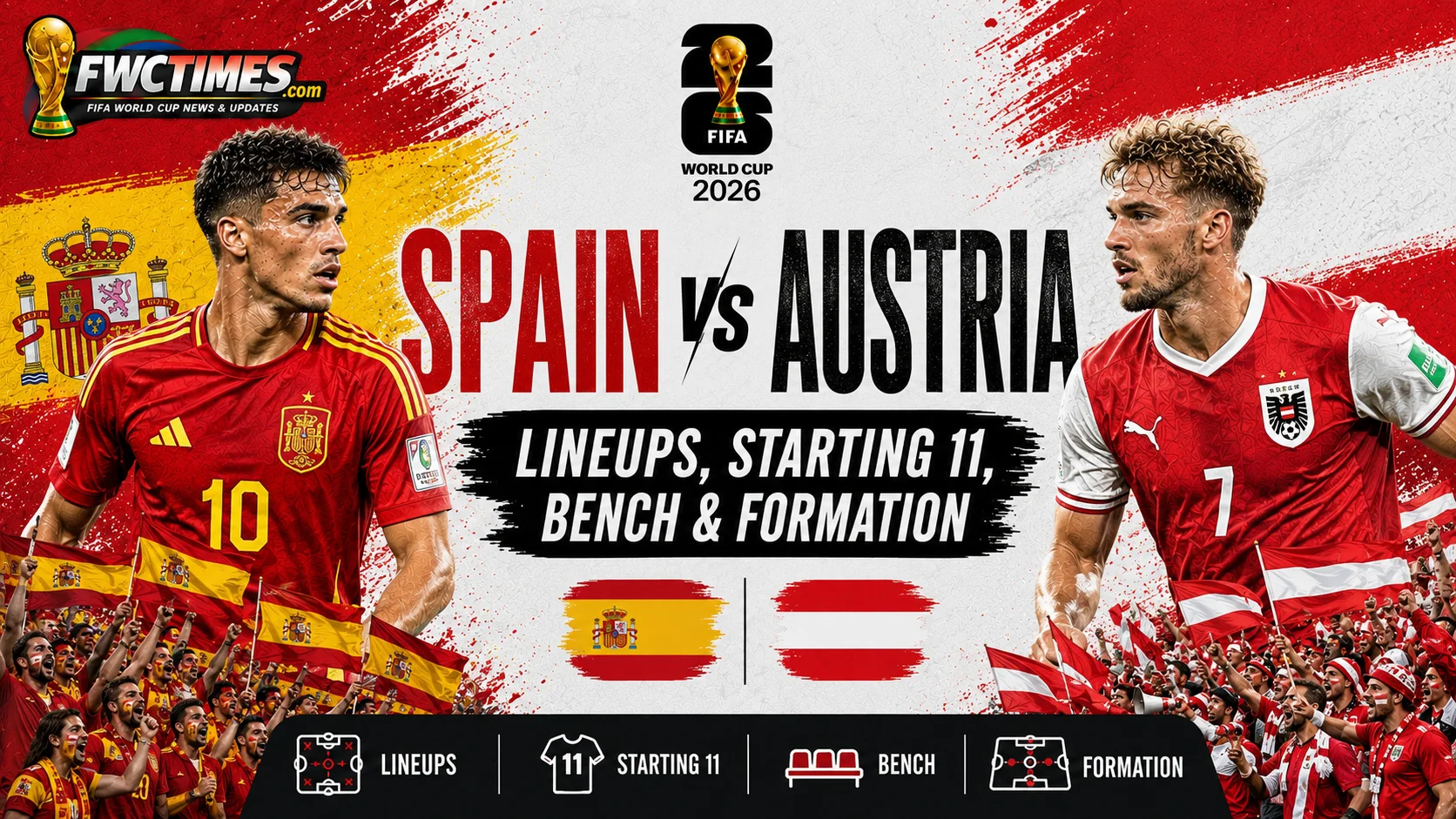 Spain vs Austria lineups graphic showing starting 11, bench players and formation—click to view the full team setup.
