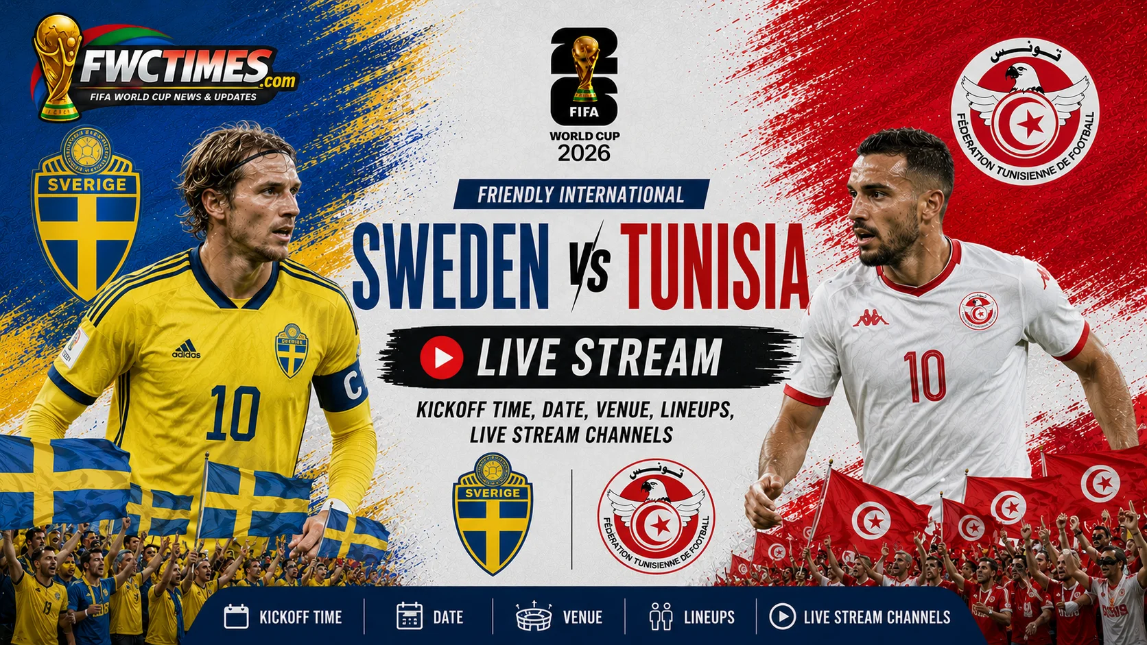 Sweden vs Tunisia match guide with kickoff time, date, venue, lineups, and live stream channels for World Cup fans.