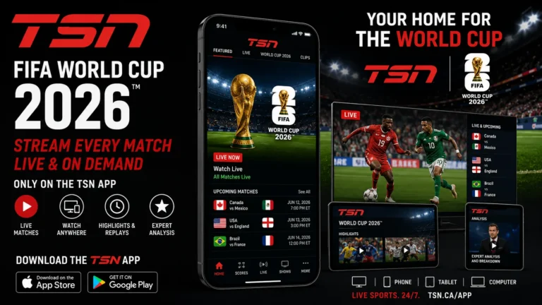 TSN App FIFA World Cup 2026 Streaming App graphic showcasing live match streaming, schedules, highlights, and World Cup coverage across devices.