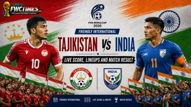 Tajikistan vs India Live Score, Lineups and Match Result Friendly International graphic featuring both teams, live updates, result, and starting XIs.