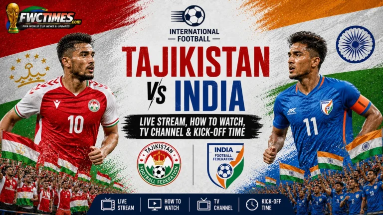 Tajikistan vs India Live Stream, How to Watch, TV Channel & Kick-off Time graphic featuring both teams, streaming details, TV coverage, and match schedule.
