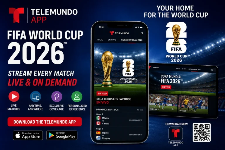 Telemundo App FIFA World Cup 2026 Streaming App graphic showcasing live match streaming, highlights, schedules, and World Cup coverage on mobile devices.
