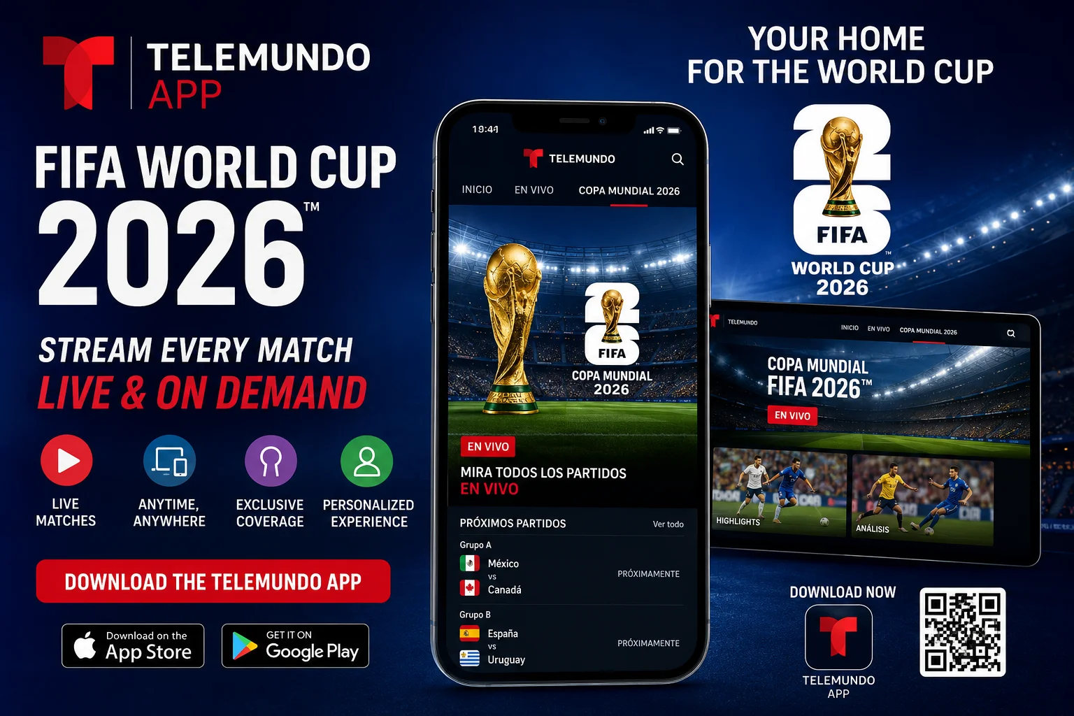 Telemundo App FIFA World Cup 2026 Streaming App graphic showcasing live match streaming, highlights, schedules, and World Cup coverage on mobile devices.