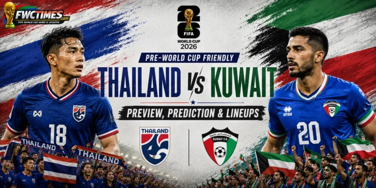 Thailand vs Kuwait Preview, Prediction & Lineups Pre-World Cup Friendly graphic featuring both teams, key players, predicted lineups, and match analysis.