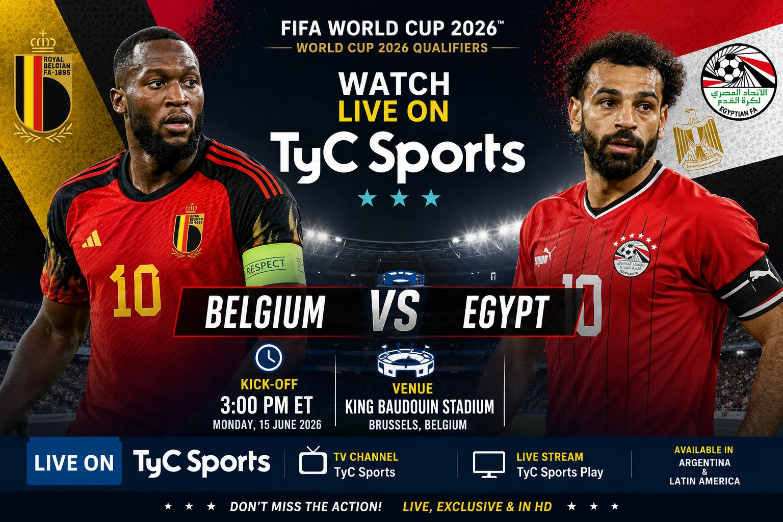 Watch Belgium vs Egypt live on TyC Sports with kick-off time, venue details, and World Cup match coverage info for fans.
