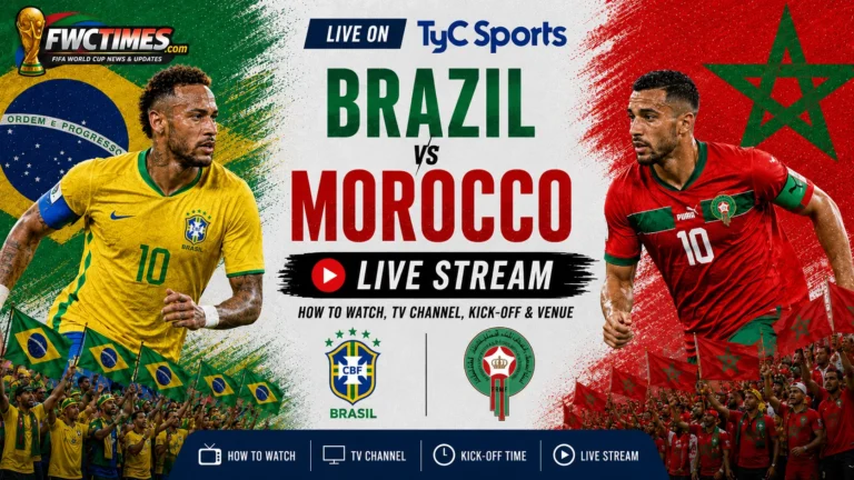 Watch Brazil vs Morocco live on TyC Sports with kick-off time, venue details, and match coverage info for World Cup fans.