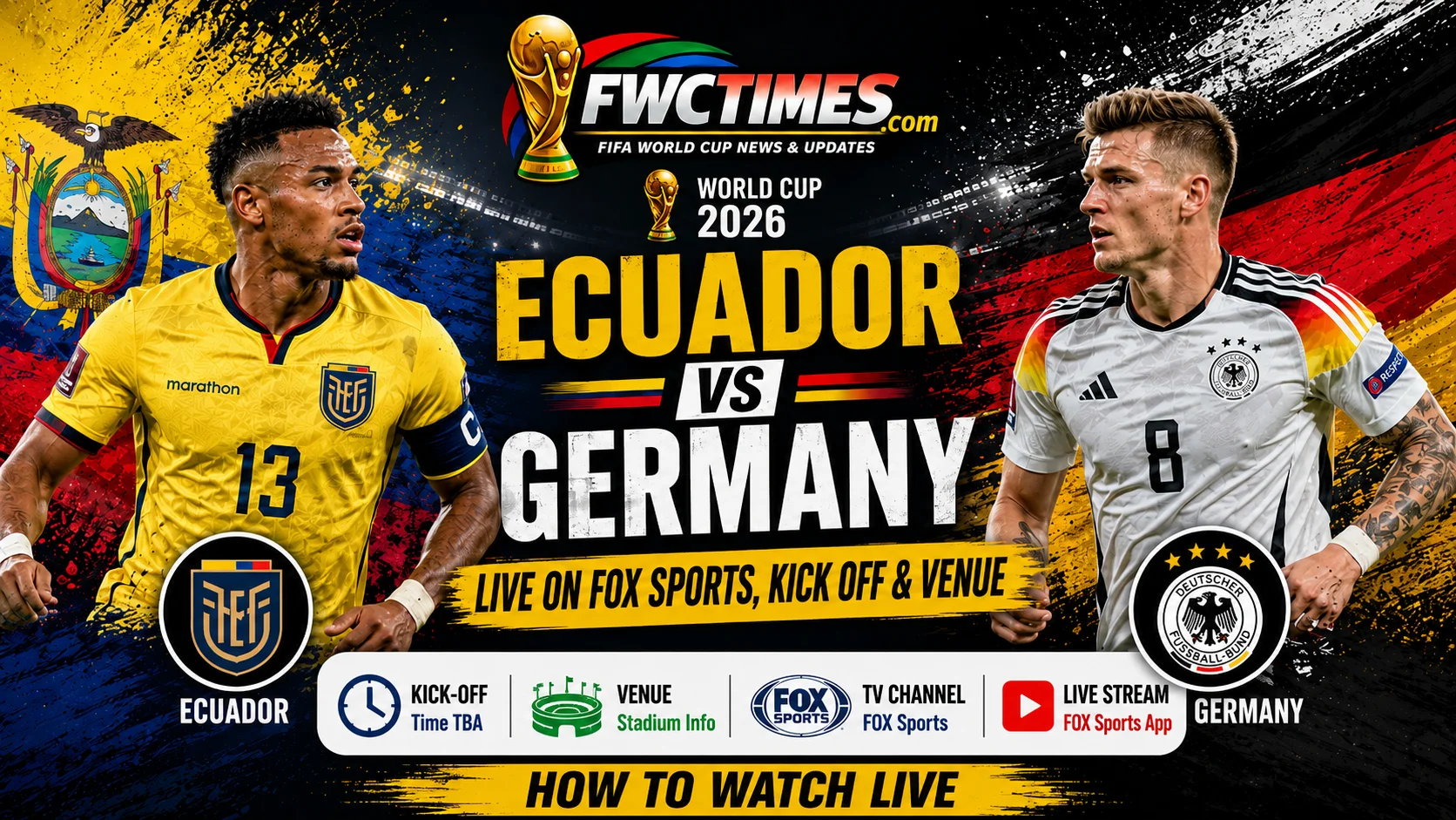 Watch Ecuador vs Germany live on FOX Sports with kick-off time, venue details, and World Cup match coverage info for fans.