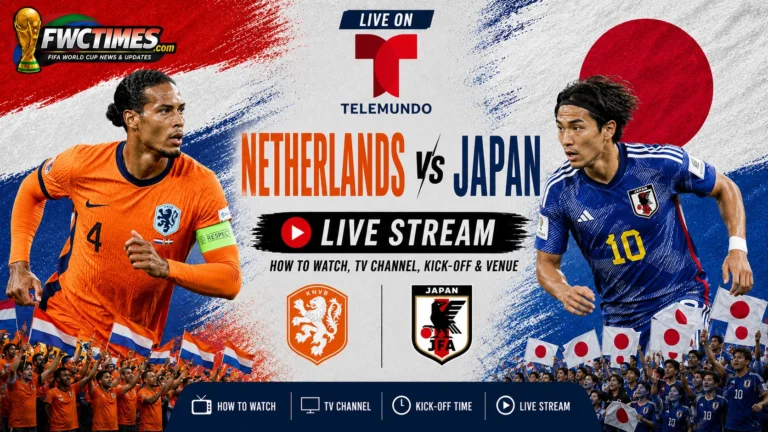 Watch Netherlands vs Japan live on Telemundo with kick-off time, venue details, and World Cup match coverage info for fans.