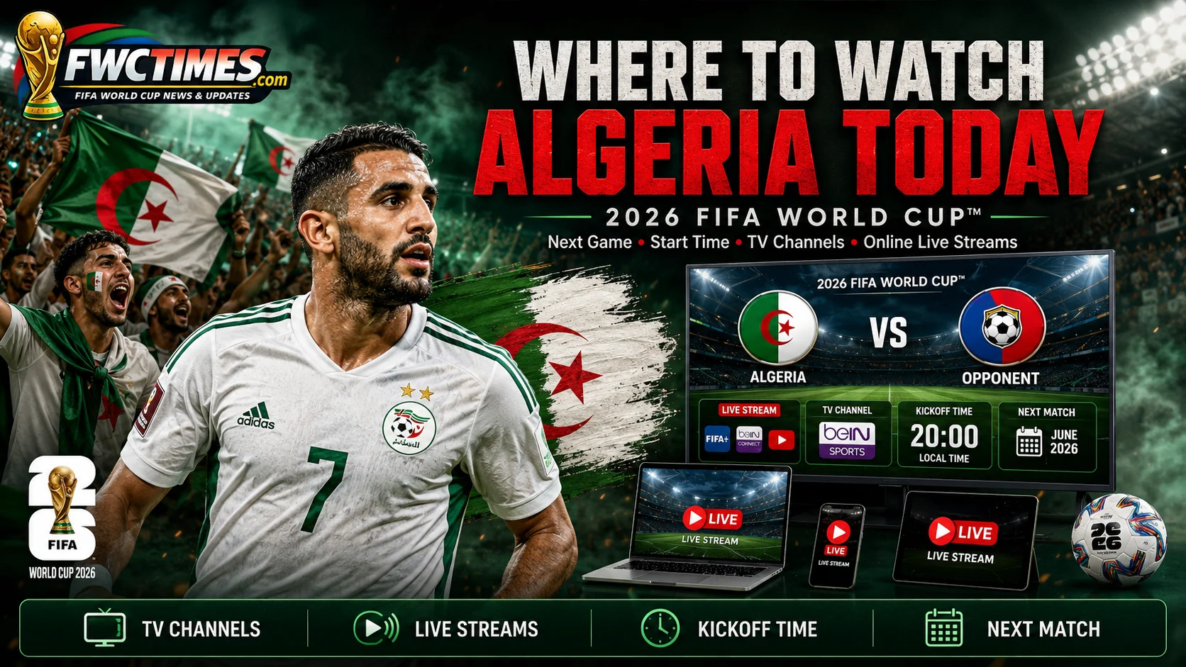 Algeria fans watch the 2026 FIFA World Cup with next match details, start time, TV channels, and live streams.