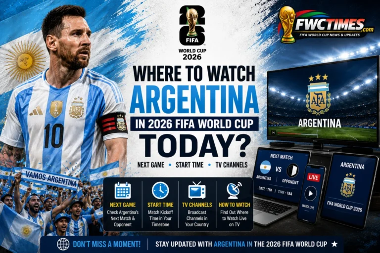 Where to Watch Argentina in the 2026 FIFA World Cup Today graphic featuring Argentina stars, next match details, TV channels, and live streams.