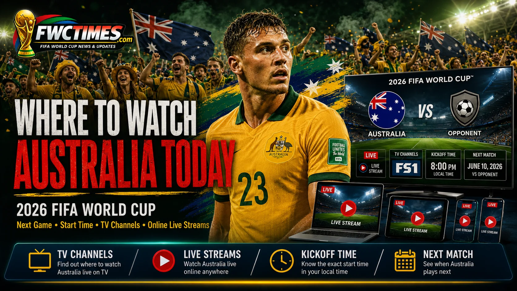 Australia fans follow the 2026 FIFA World Cup with next match time, TV channels, live streams, and match coverage.