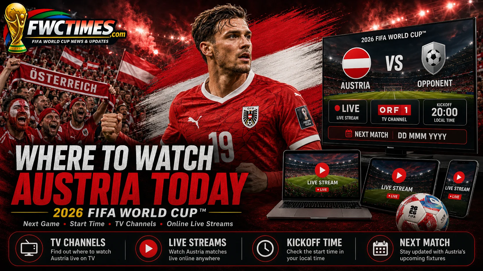 Austria fans follow the 2026 FIFA World Cup with next match time, TV channels, live streams, and match coverage.