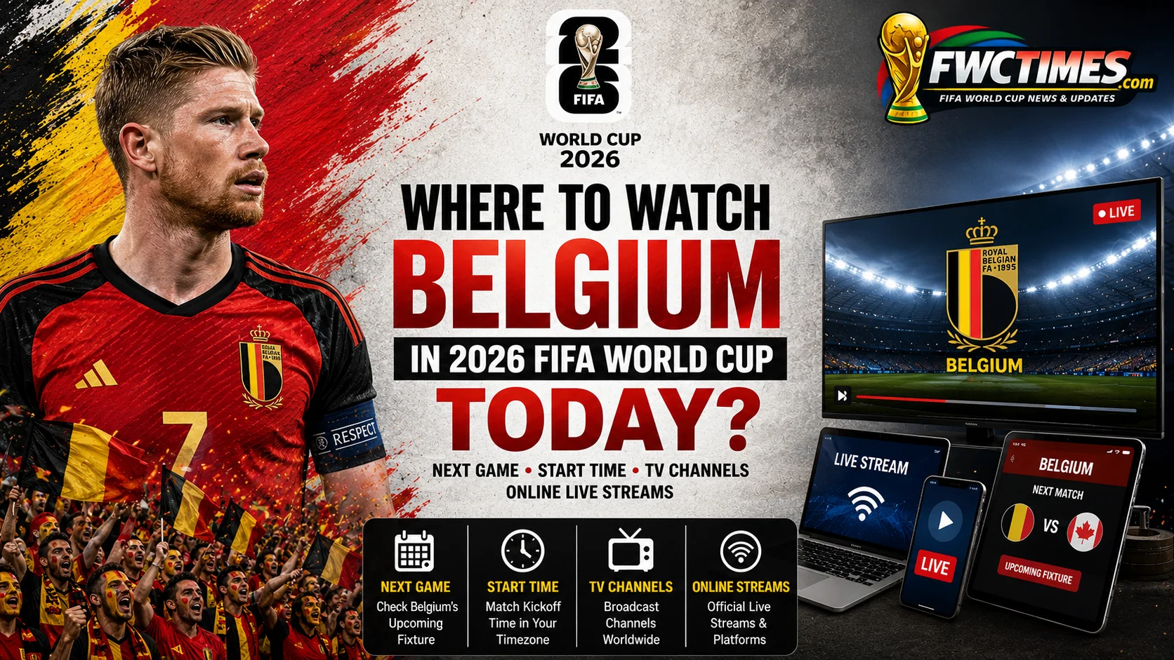 Where to Watch Belgium in 2026 FIFA World Cup Today? Next Game, Start Time, TV Channels and Online Live Streams