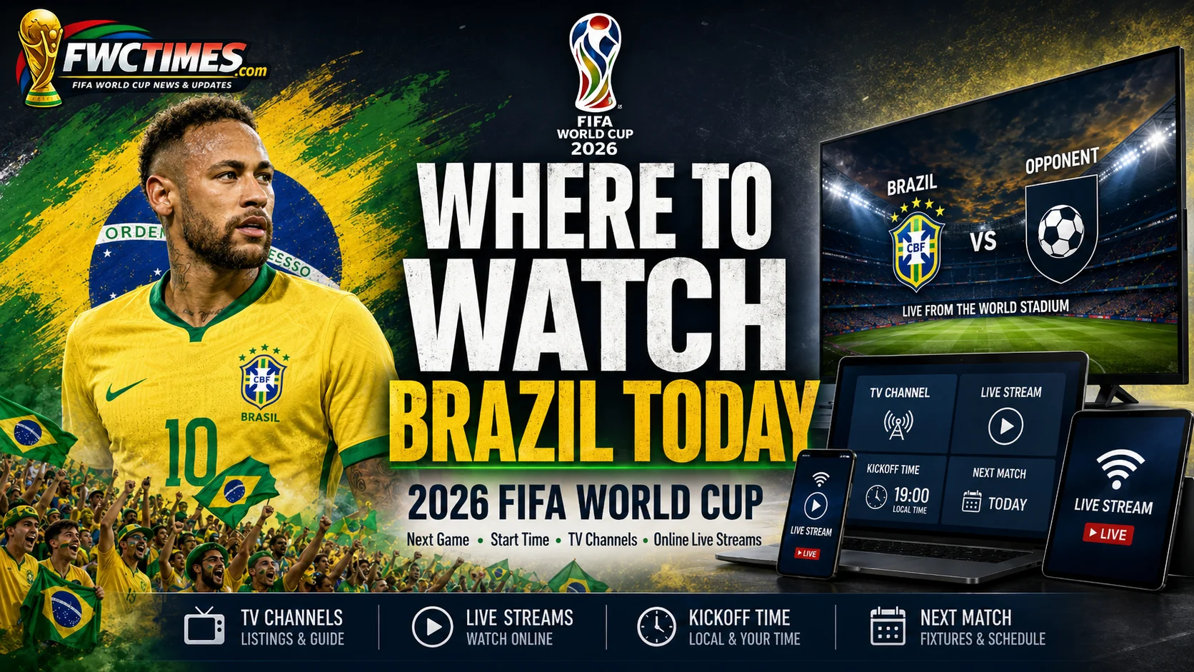 Where to Watch Brazil in the 2026 FIFA World Cup Today graphic featuring Brazil stars, next match details, TV channels, and live stream info.