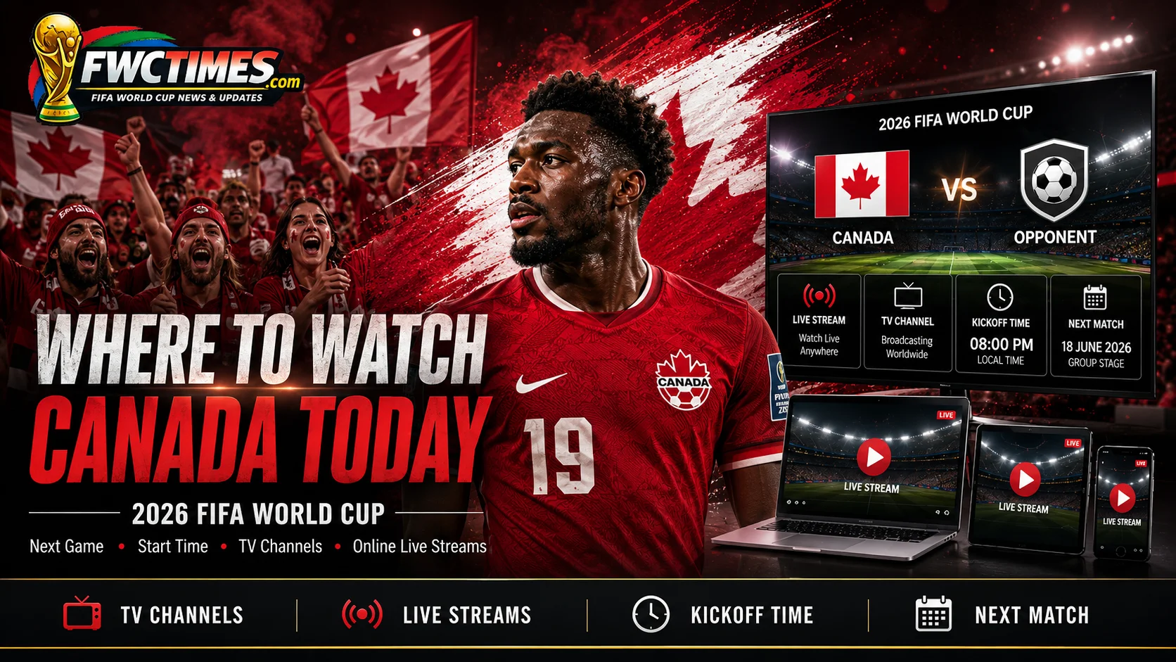 Canada fans watch the 2026 FIFA World Cup with next match details, start time, TV channels, and live streams.