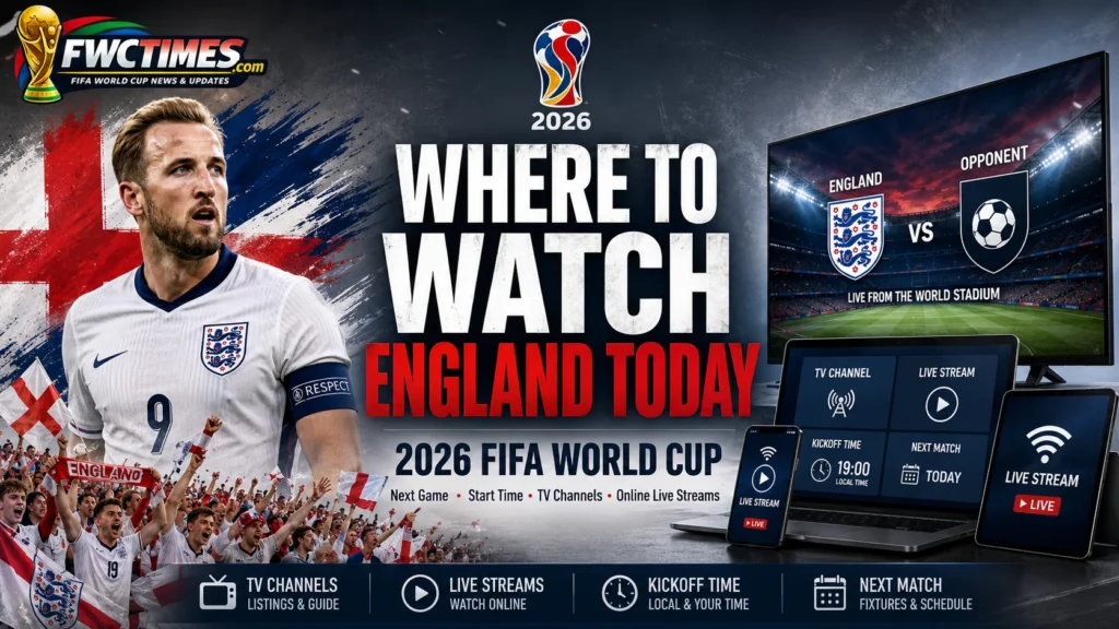Where to Watch England in the 2026 FIFA World Cup Today graphic featuring England stars, next match details, TV channels, and live stream info.