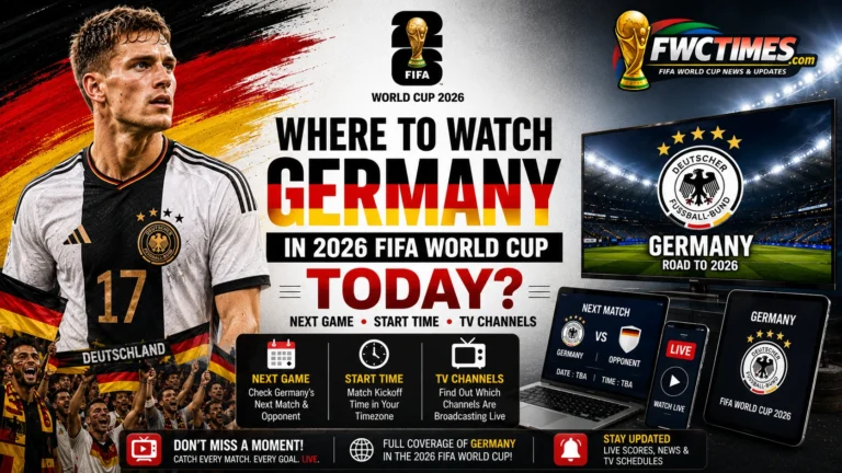 Where to Watch Germany in 2026 FIFA World Cup Today? Next Game, Start Time, TV Channels graphic featuring Germany, broadcast details, and match schedule.