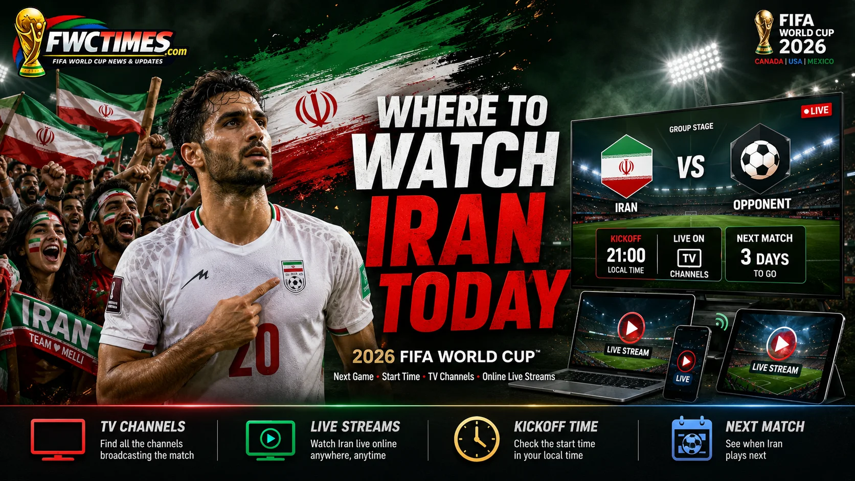 Iran fans follow the 2026 FIFA World Cup with next match time, TV channels, live streams, and match coverage.