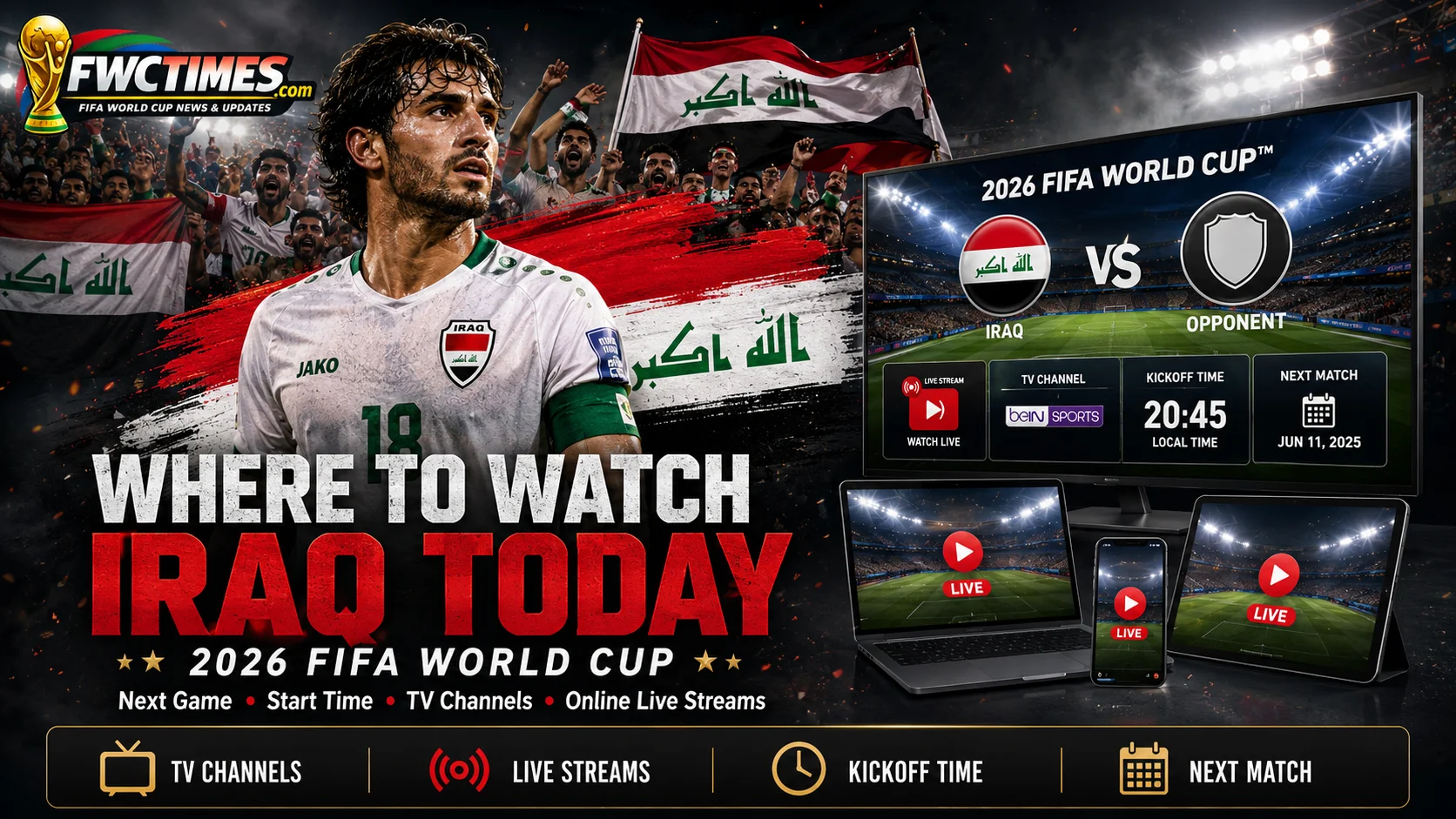 Iraq fans follow the 2026 FIFA World Cup with next match time, TV channels, live streams, and match coverage.