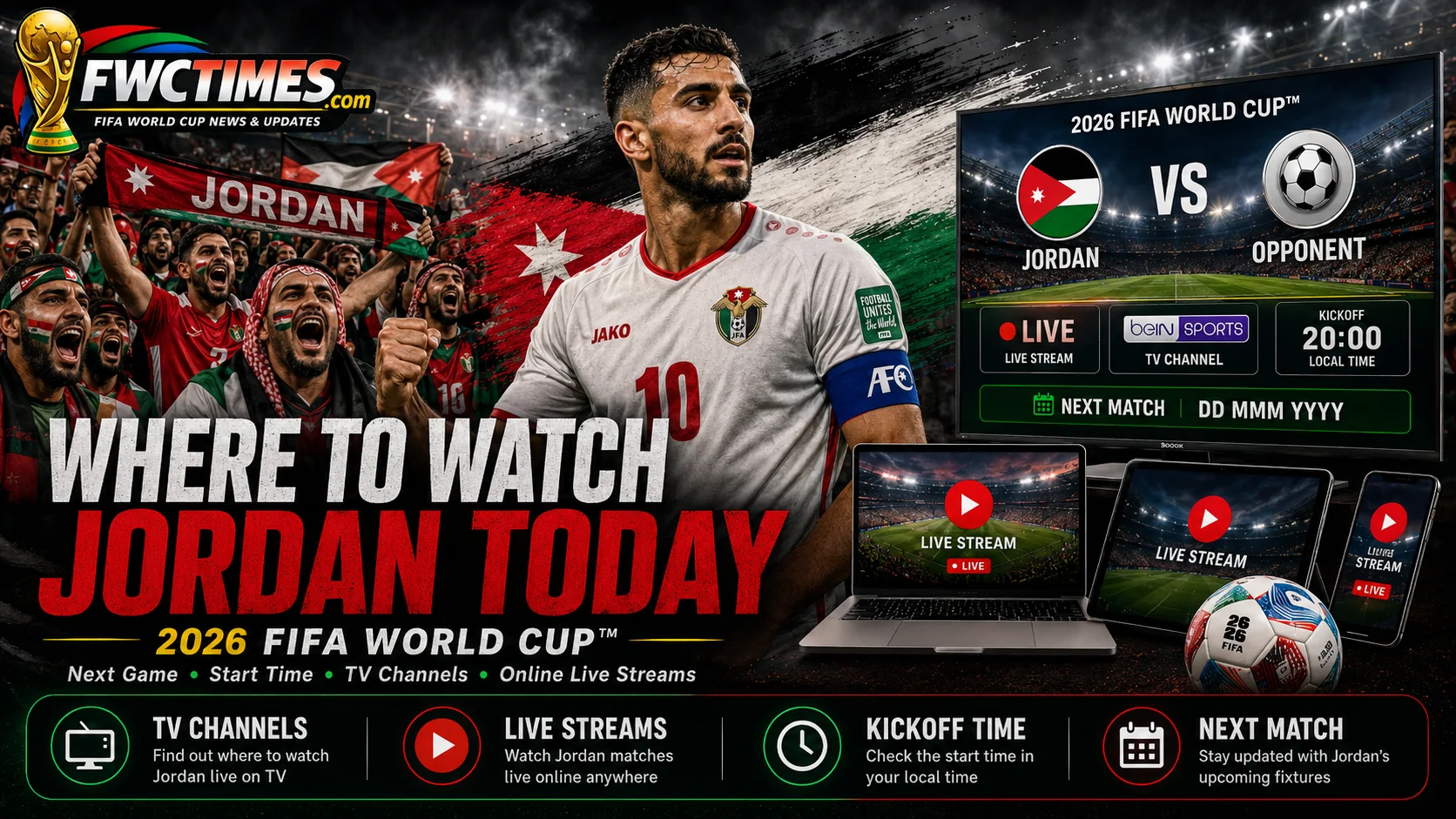Jordan fans watch the 2026 FIFA World Cup with next match details, start time, TV channels, and streaming options.