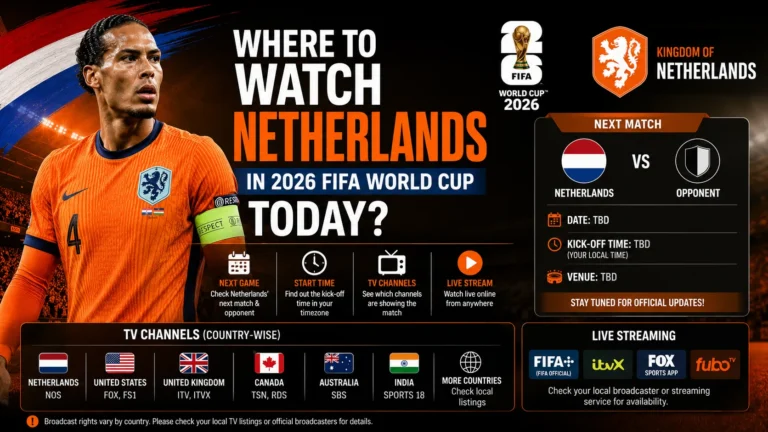 **Alt Text (≤155 characters):** Where to Watch Netherlands in 2026 FIFA World Cup Today? Next Game, Start Time, TV Channels and Streams graphic featuring the Dutch team and broadcast details.