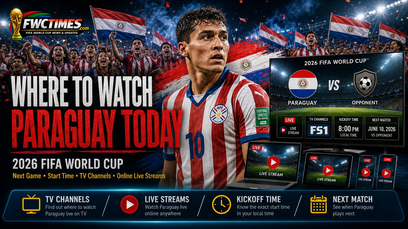 Paraguay fans watch the 2026 FIFA World Cup with next match details, start time, TV channels, and streams.