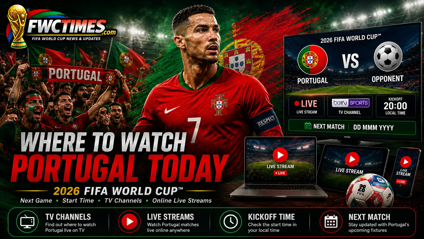 Portugal fans follow the 2026 FIFA World Cup with next match time, TV channels, live streams, and match-day coverage.