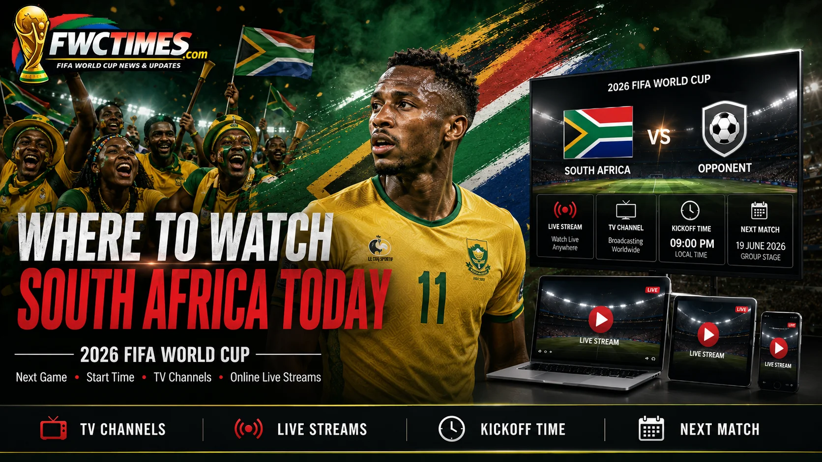 See where to watch South Africa in the 2026 World Cup today, including next match time, TV channels, and stream details.