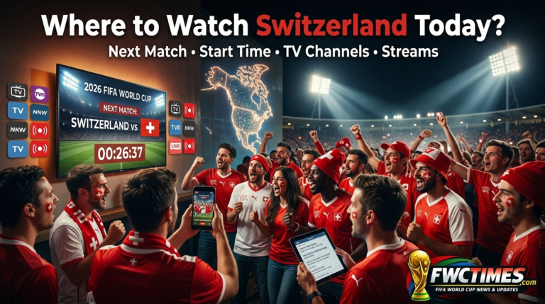 Switzerland fans follow the 2026 FIFA World Cup with next match time, TV channels, live streams, and match-day coverage.
