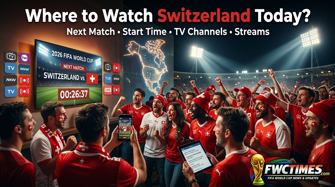 Switzerland fans follow the 2026 FIFA World Cup with next match time, TV channels, live streams, and match-day coverage.