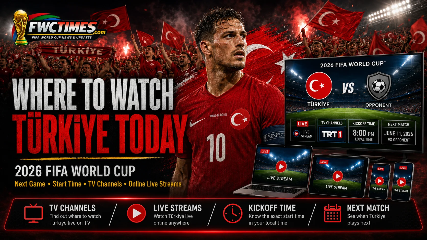 Türkiye fans watch the 2026 FIFA World Cup with next match details, start time, TV channels, and streaming options.