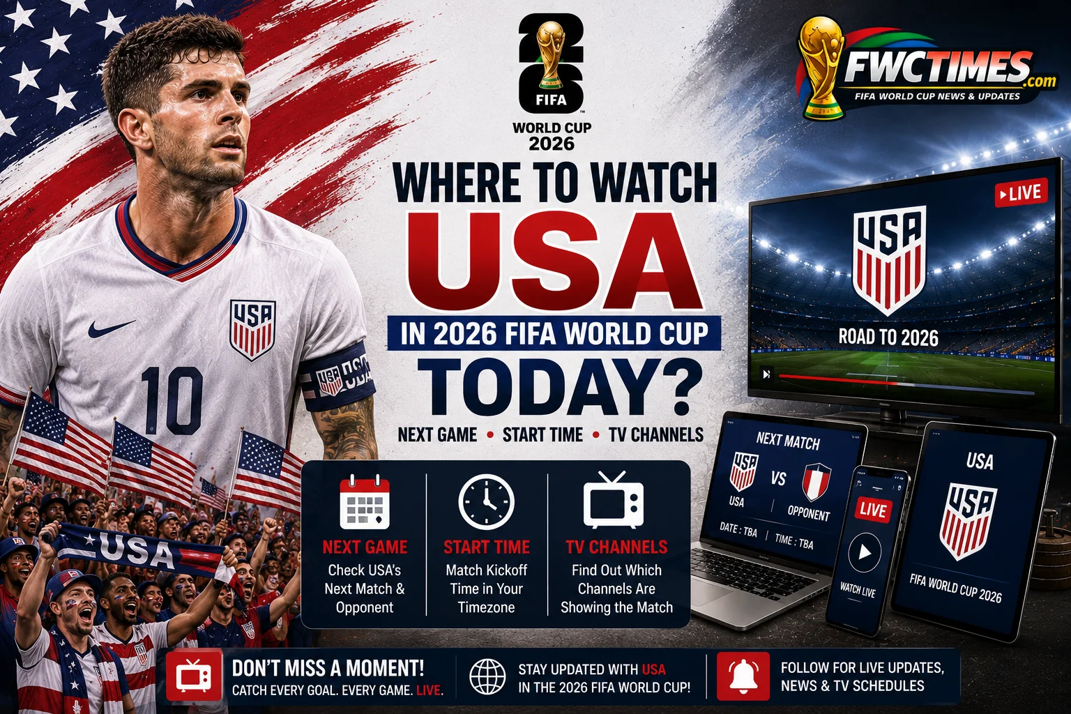 Where to Watch USA in 2026 FIFA World Cup Today? Next Game, Start Time, TV Channels graphic featuring Team USA, broadcast info, and match schedule.