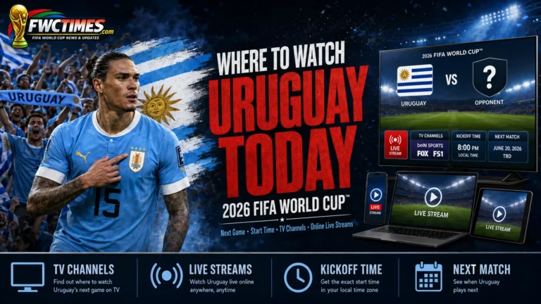Uruguay fans follow the 2026 FIFA World Cup with next match time, TV channels, live streams, and match coverage.