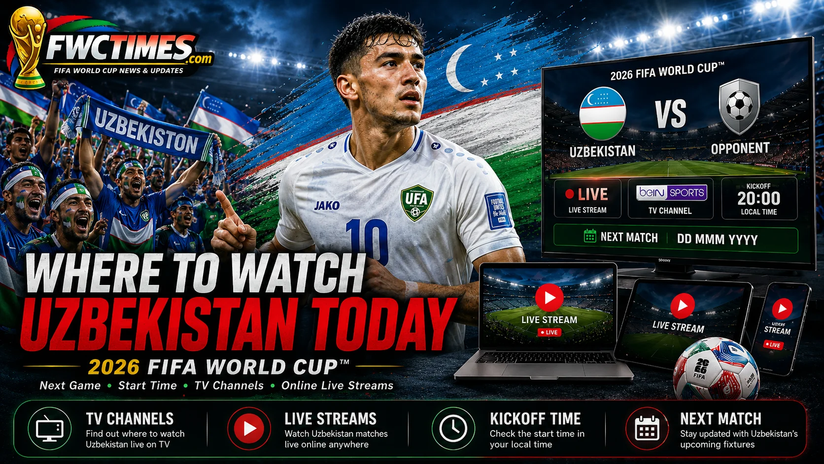 Uzbekistan fans follow the 2026 FIFA World Cup with next match time, TV channels, live streams, and match coverage.