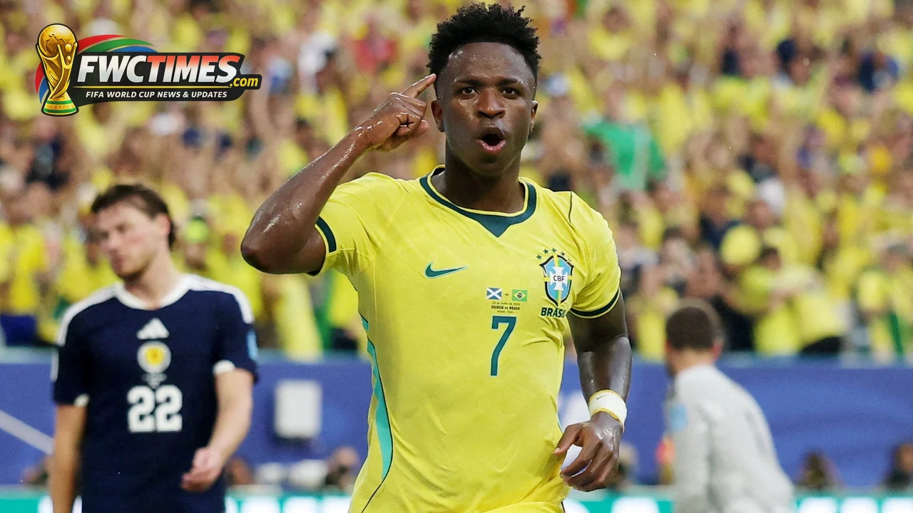 Vinicius Junior celebrates for Brazil during the World Cup 2026 win over Scotland