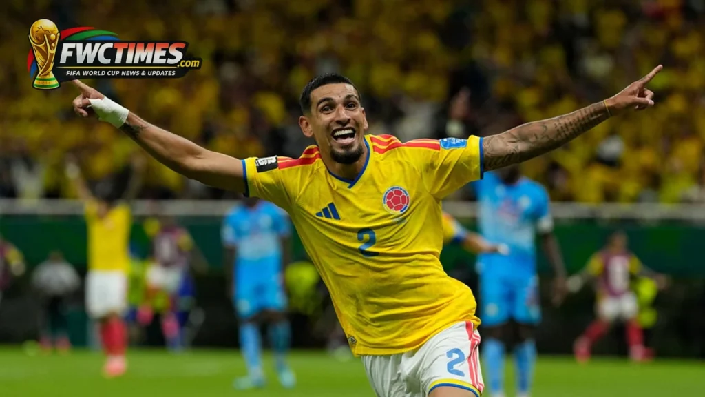 Colombia players celebrate after Daniel Munoz scores against DR Congo at World Cup 2026