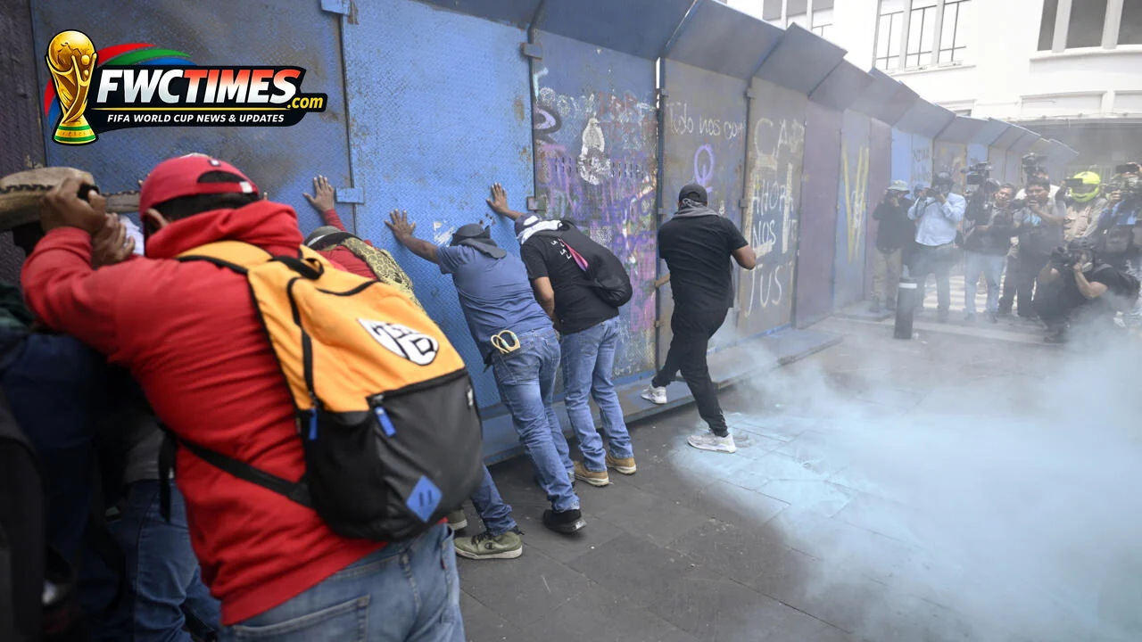 Mexico teachers protest near World Cup Fan Fest construction in Zocalo