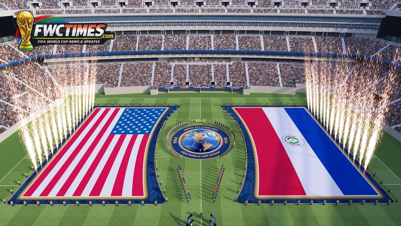 World Cup pre-match ceremony with players, flags and fireworks before FIFA World Cup 2026
