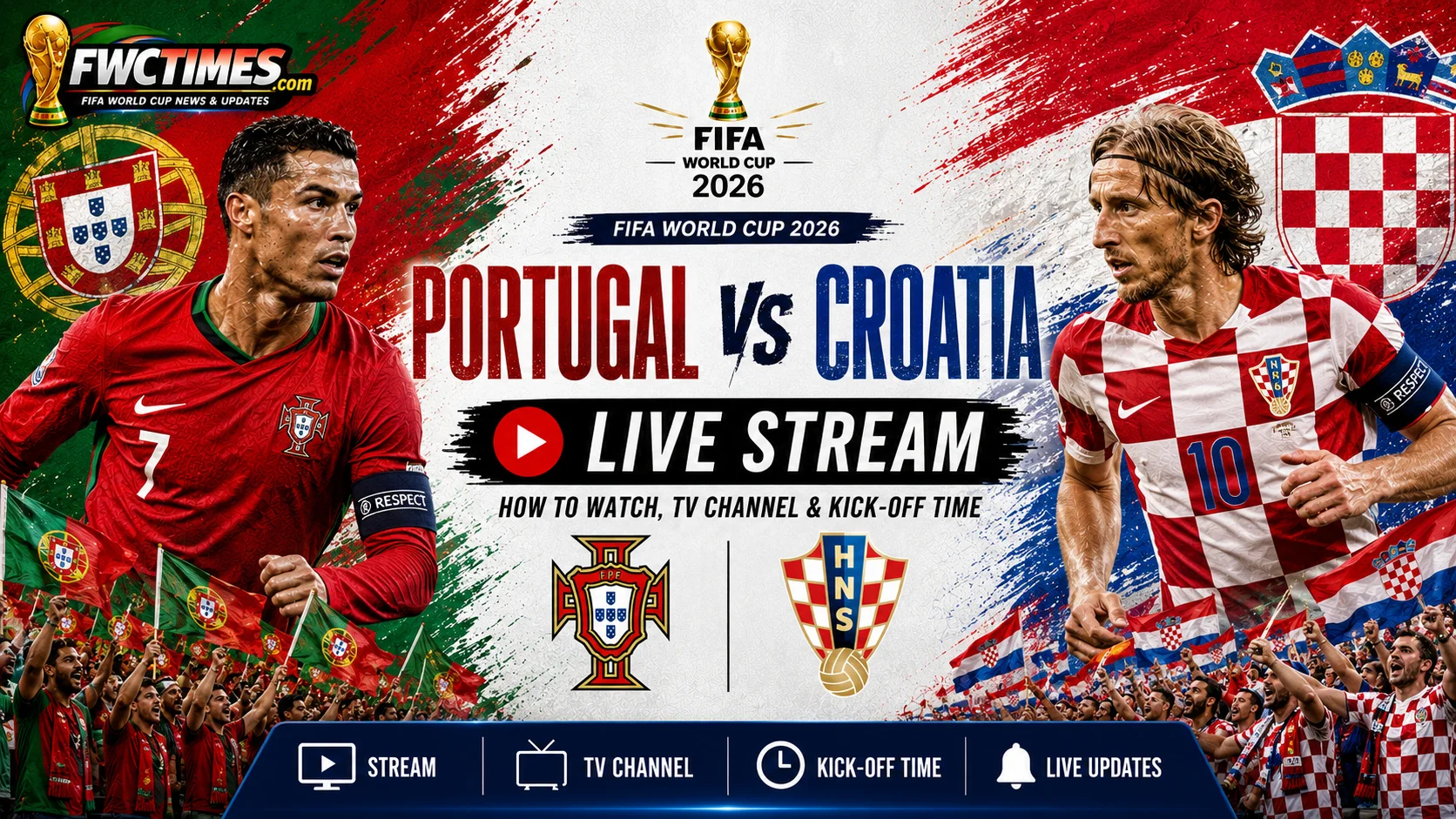 Portugal vs Croatia live stream graphic with TV channel and kick-off time details—click to watch the full match guide.