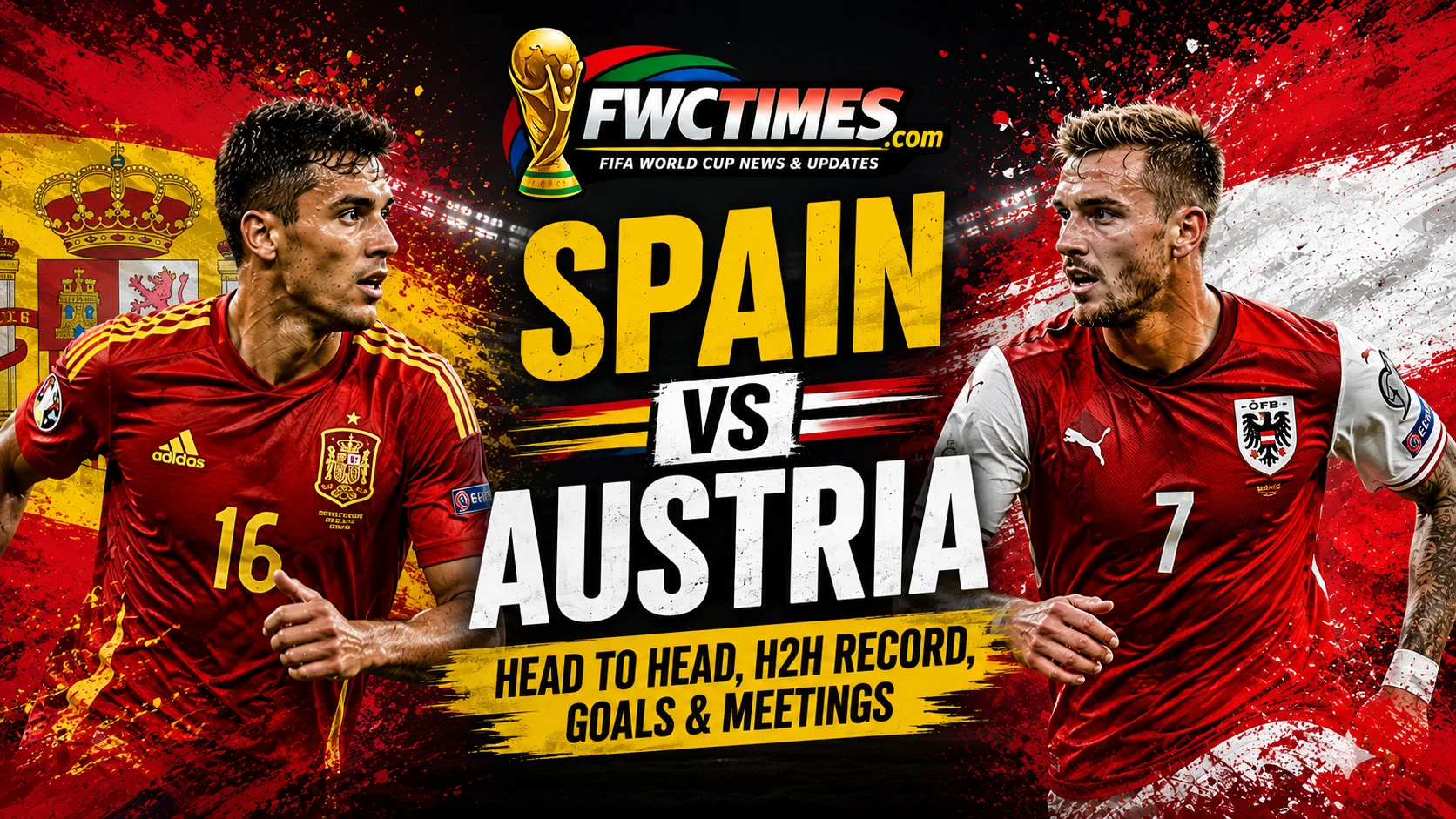 Spain vs Austria H2H graphic showing head-to-head record, goals and past meetings—click to explore the full match history.