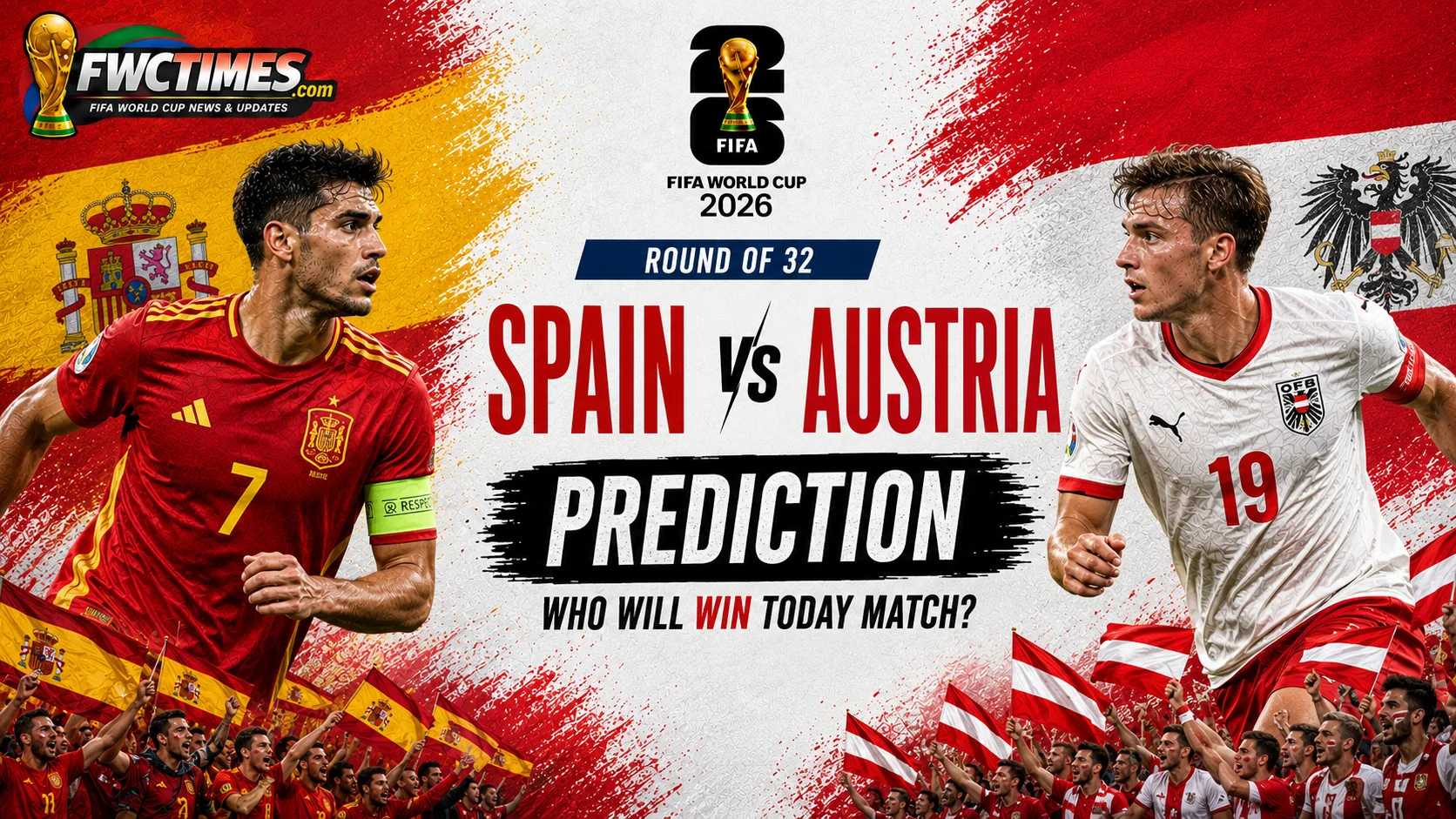 Spain vs Austria prediction graphic with today’s match winner analysis, team form and key players—click to see who could win.