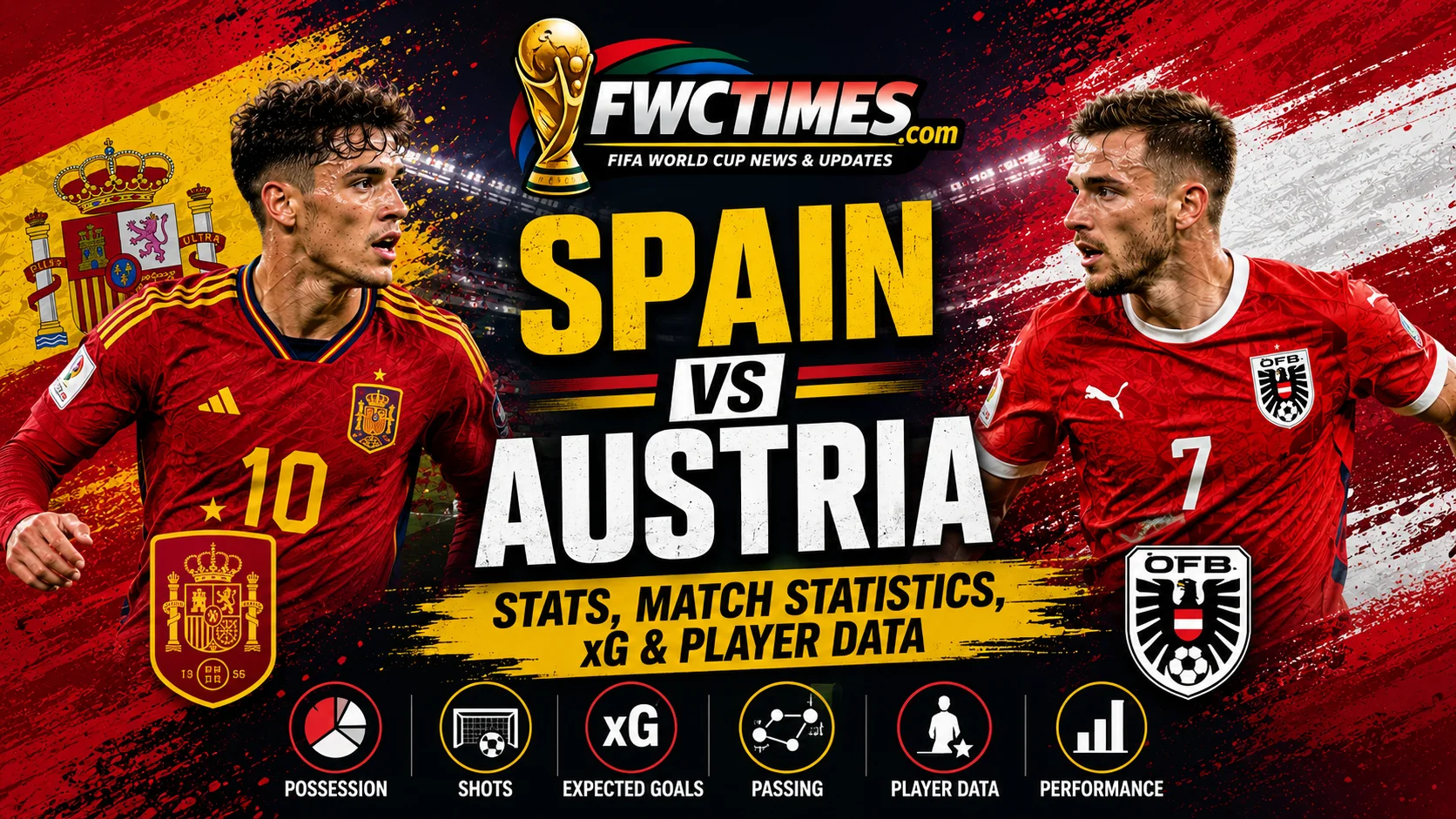 Spain vs Austria stats graphic featuring match statistics, xG and player data—click to explore full team and player insights.