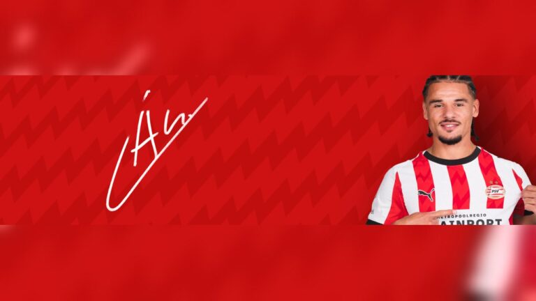 Armando Obispo wearing the PSV home kit in the official 2026 player image