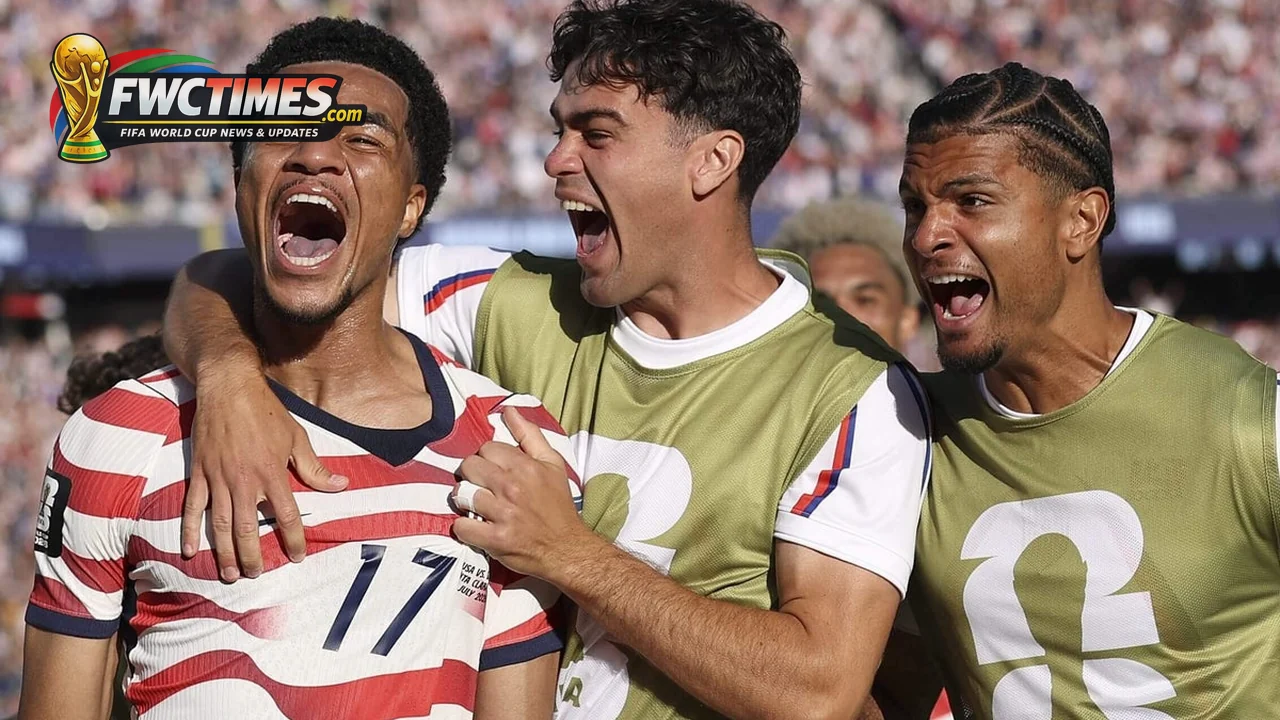 United States players celebrating a World Cup 2026 knockout win over Bosnia and Herzegovina